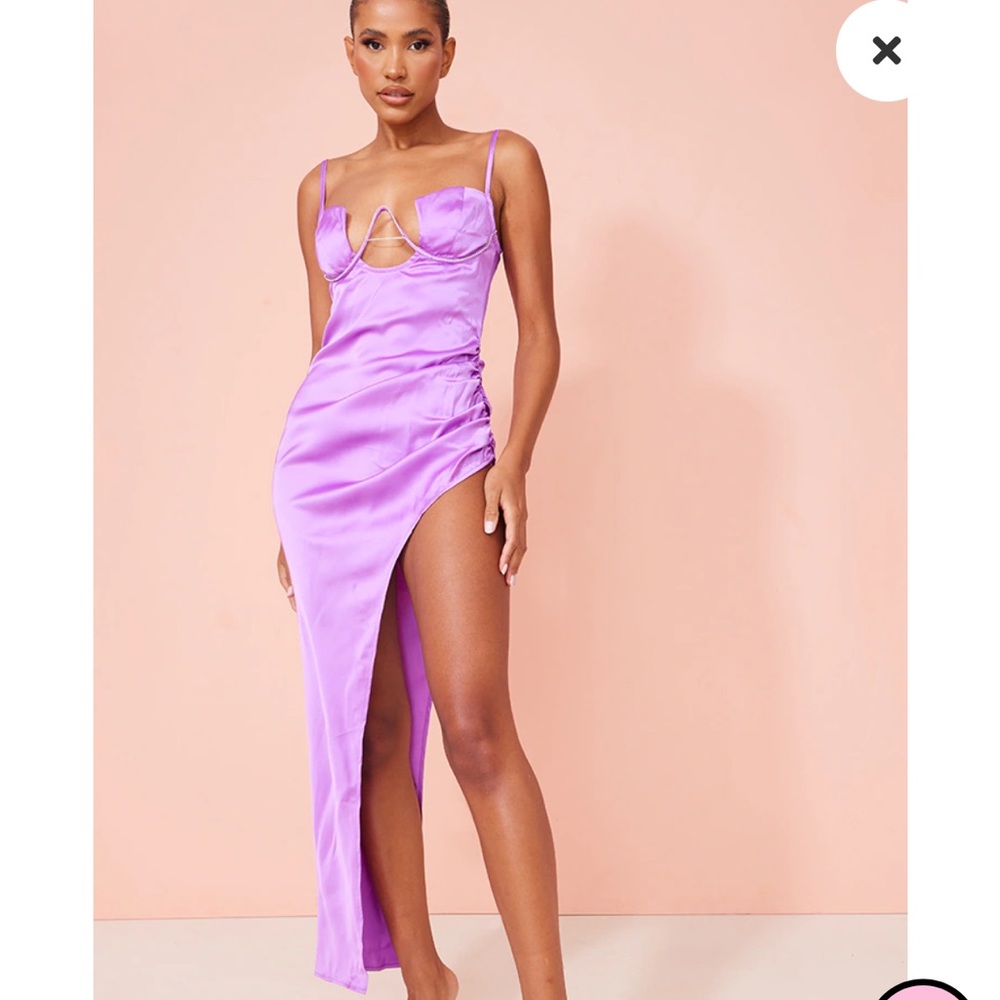 Brend New Purple Satin Diamante V Bar Ruched Side Maxi Dress